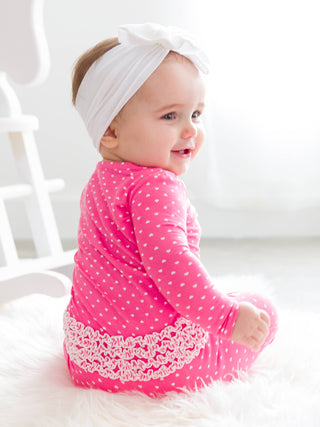 Hot Pink Heart Polka Dot Footed Ruffle One Piece Pajama