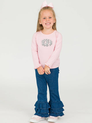 Medium Wash Denim Ruffle Flare Pants with Signature Rear Ruffles