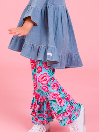 Light Wash Denim Stretch Denim High Low Ruffle Tunic