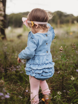 Light Wash Denim Long Sleeve Flutter Bubble Romper