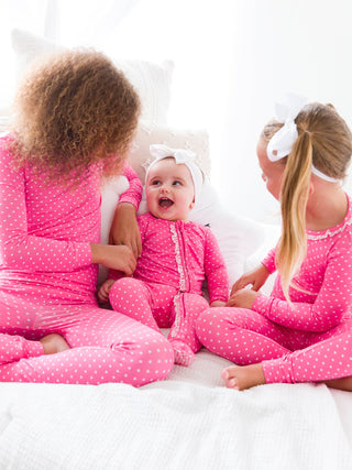 Hot Pink Heart Polka Dot Ruffle Long Sleeve Pajama Set with Signature Rear Ruffles