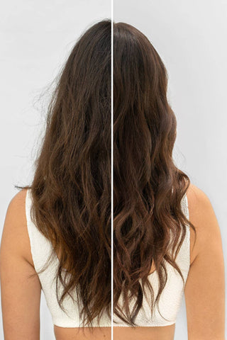 Side-by-side comparison of long, wavy hair on a plain background