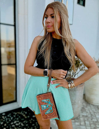 Turquoise Thunderbird Cowhide Wristlet