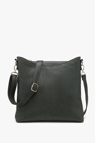 A dark green leather shoulder bag with a slouchy shape, a front strap detail with a gold buckle, and a detachable shoulder strap, shown against a plain white background.
