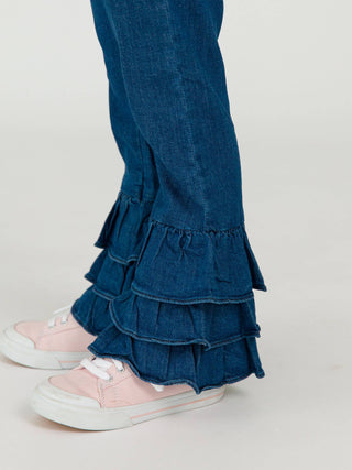 Medium Wash Denim Ruffle Flare Pants with Signature Rear Ruffles