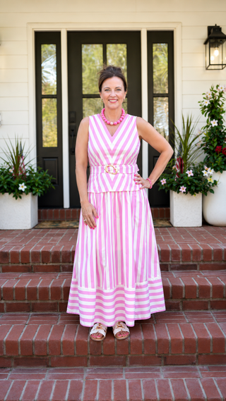 Pink & White Stripe Belted Midi Dress