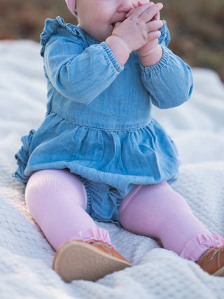 Light Wash Denim Long Sleeve Flutter Bubble Romper