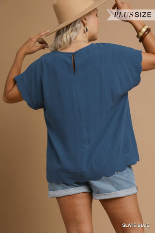 Scallop Hem Linen Blend Top - Plus