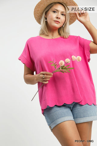 Scallop Hem Linen Blend Top - Plus