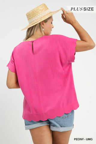 Scallop Hem Linen Blend Top - Plus