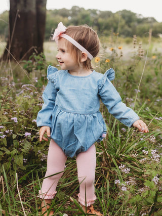 Light Wash Denim Long Sleeve Flutter Bubble Romper