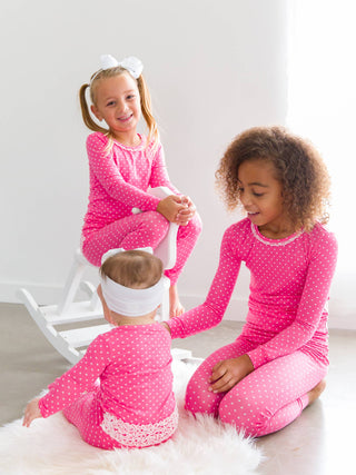 Hot Pink Heart Polka Dot Ruffle Long Sleeve Pajama Set with Signature Rear Ruffles