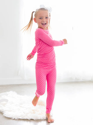 Hot Pink Heart Polka Dot Ruffle Long Sleeve Pajama Set with Signature Rear Ruffles