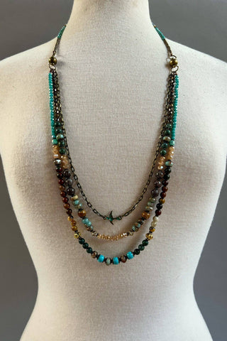 Multistrand beaded necklace on a mannequin with a neutral background