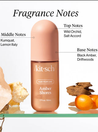 Kitsch Amber Shores hair perfume bottle with fragrance notes labels on a natural background