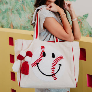 Baseball Oversized Happy Face Canvas Tote Bag