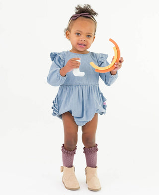Light Wash Denim Long Sleeve Flutter Bubble Romper