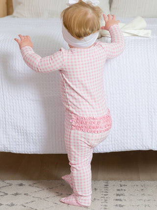 Pink Gingham Footed Ruffle One Piece Pajama