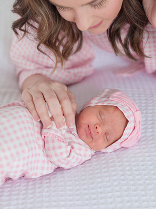 Pink Gingham Ruffle Knotted Sleep Gown & Bow Hat Set