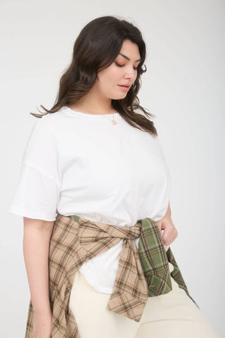 Plus Round Neck Short Sleeve Exposed Seam Knit Top