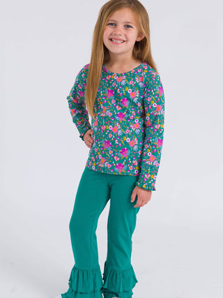 Emerald Floral Knit Long Sleeve Ruffle Sleeve Top