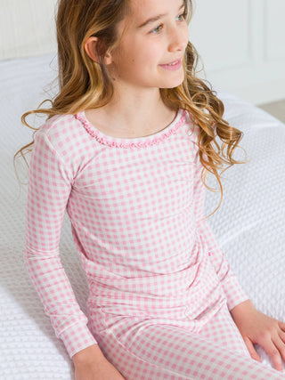Girls Pink Gingham Ruffle Pajama Set