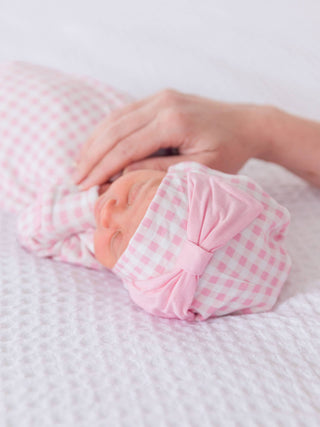Pink Gingham Ruffle Knotted Sleep Gown & Bow Hat Set