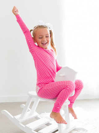 Hot Pink Heart Polka Dot Ruffle Long Sleeve Pajama Set with Signature Rear Ruffles