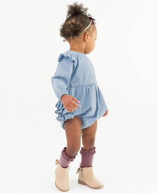 Light Wash Denim Long Sleeve Flutter Bubble Romper