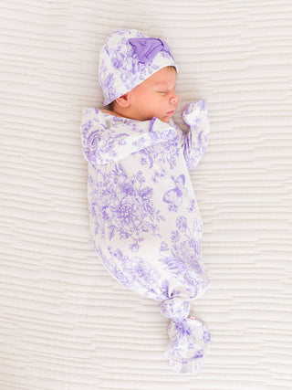 Wisteria Purple Butterfly Garden Toile Knotted Sleep Gown & Bow Hat Set