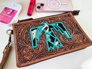 Turquoise Thunderbird Cowhide Wristlet