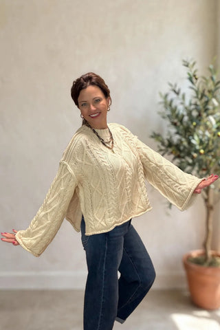 Oversized Cable Knit Crew Neck Drop Shoulder Sweater