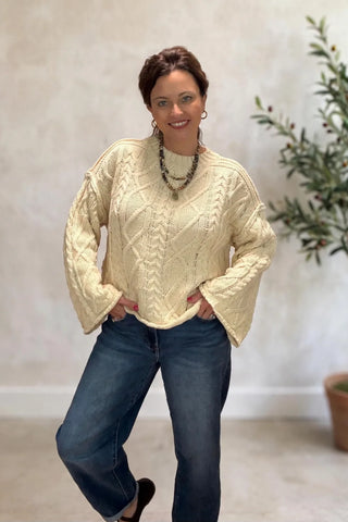 Oversized Cable Knit Crew Neck Drop Shoulder Sweater
