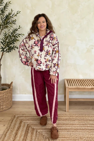 FLOWER PRINT HALF ZIP CONTRAST FLEECE SWEATSHIRT