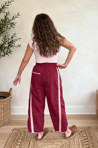 SPORTY STRIPE NYLON PULL ON BARREL LEG PANTS