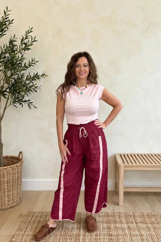 SPORTY STRIPE NYLON PULL ON BARREL LEG PANTS