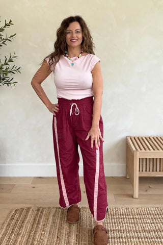 SPORTY STRIPE NYLON PULL ON BARREL LEG PANTS