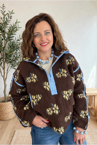 FLOWER PRINT HALF ZIP CONTRAST FLEECE SWEATSHIRT