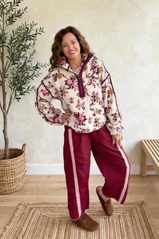 FLOWER PRINT HALF ZIP CONTRAST FLEECE SWEATSHIRT