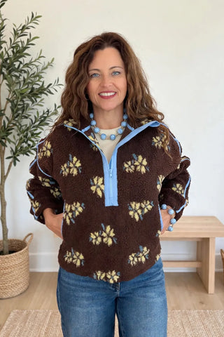 FLOWER PRINT HALF ZIP CONTRAST FLEECE SWEATSHIRT
