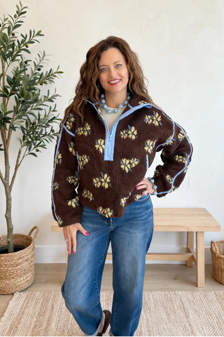 FLOWER PRINT HALF ZIP CONTRAST FLEECE SWEATSHIRT