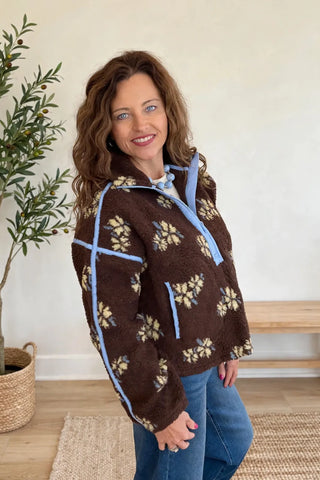 FLOWER PRINT HALF ZIP CONTRAST FLEECE SWEATSHIRT