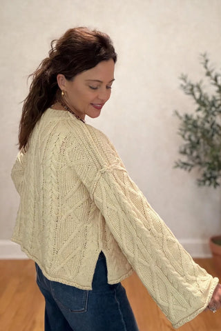 Oversized Cable Knit Crew Neck Drop Shoulder Sweater
