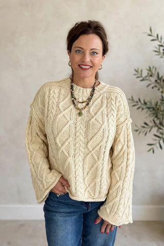Oversized Cable Knit Crew Neck Drop Shoulder Sweater