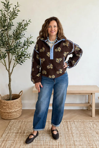FLOWER PRINT HALF ZIP CONTRAST FLEECE SWEATSHIRT