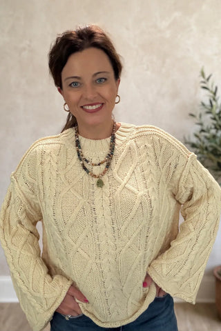 Oversized Cable Knit Crew Neck Drop Shoulder Sweater