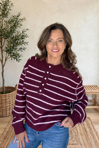 Stripe Henley Sweater- Dark Cherry