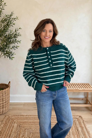Stripe Henley Sweater- Teal Green