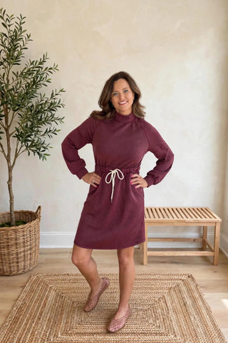 Funnel Neck Drawstring Fleece Sweater Dress