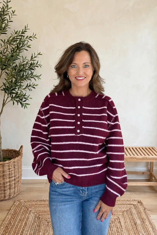 Stripe Henley Sweater- Dark Cherry